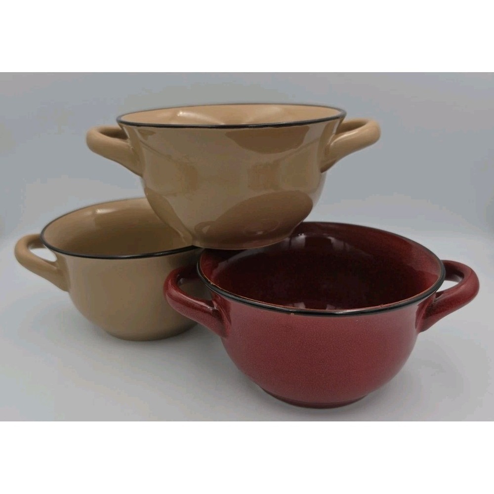 Crock Pot Set of 3 Double Handled Enameled Soup Bowls Brown Red 27oz 98284.01